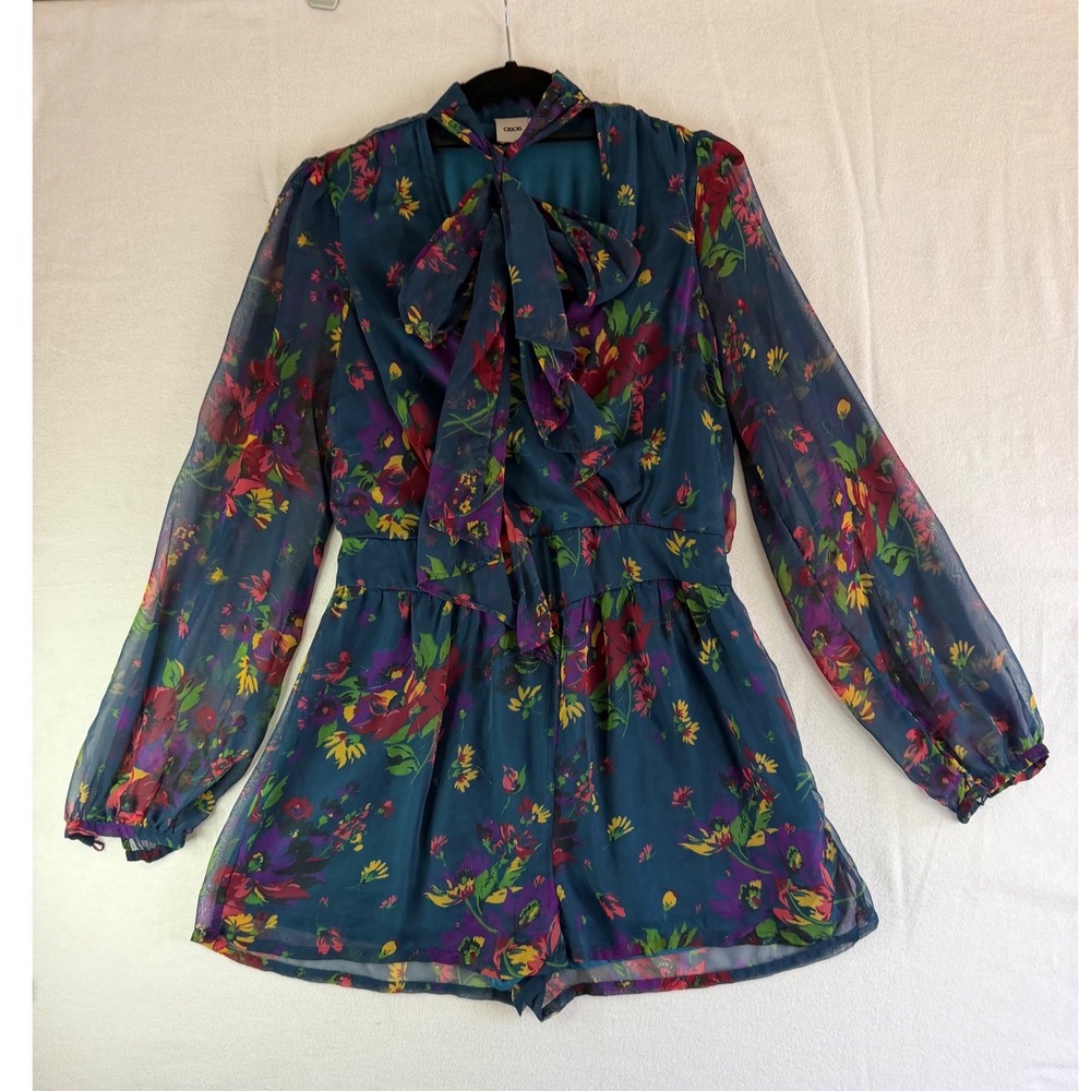 ASOS Floral Long Sleeve Romper Teal Blue Pink Bow Surplice Neck Sz 10